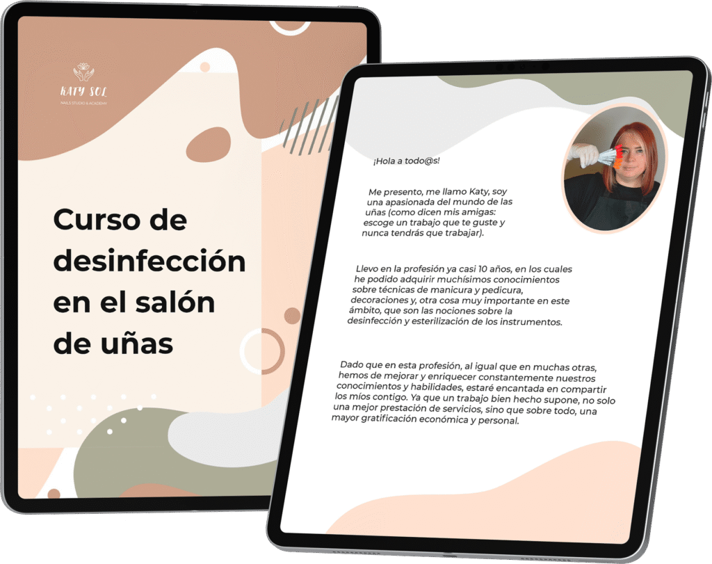 Maqueta digital mostrando la promoción del 'Curso de desinfección en el salón de uñas' de Katysol, con la presentación de la formadora y el contenido del curso.