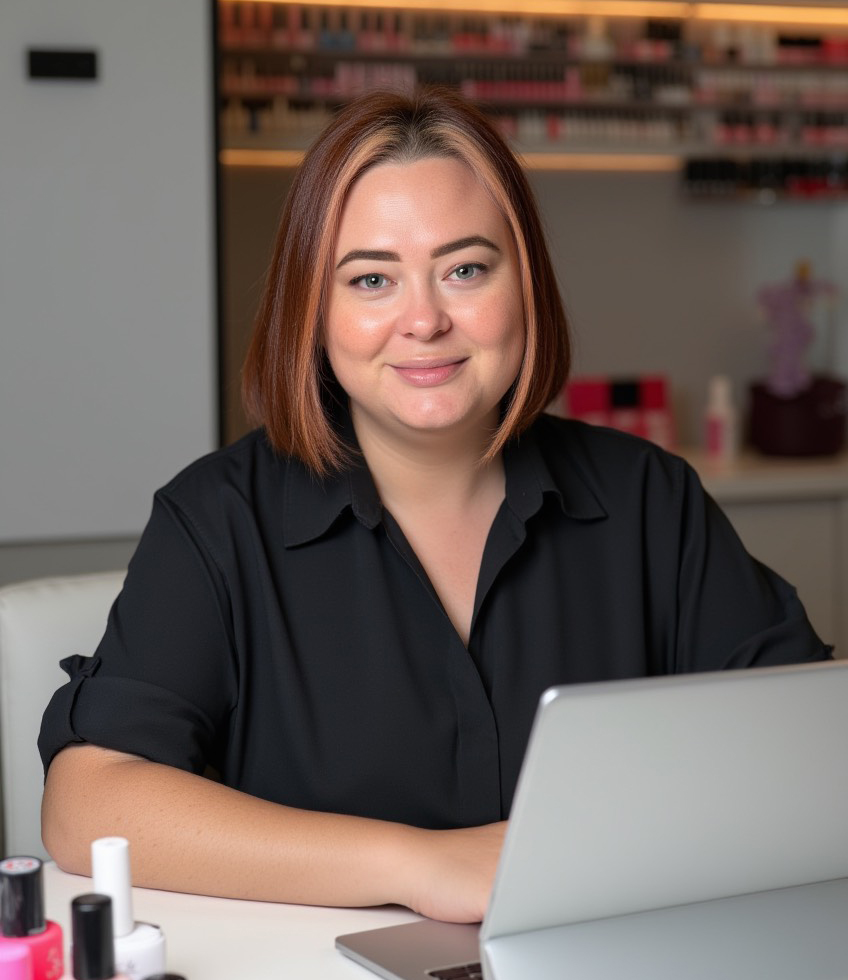Katysol sentada en su escritorio con su laptop, sonriendo frente a la cámara, con frascos de esmalte de uñas en primer plano y en las estanterías de su estudio.