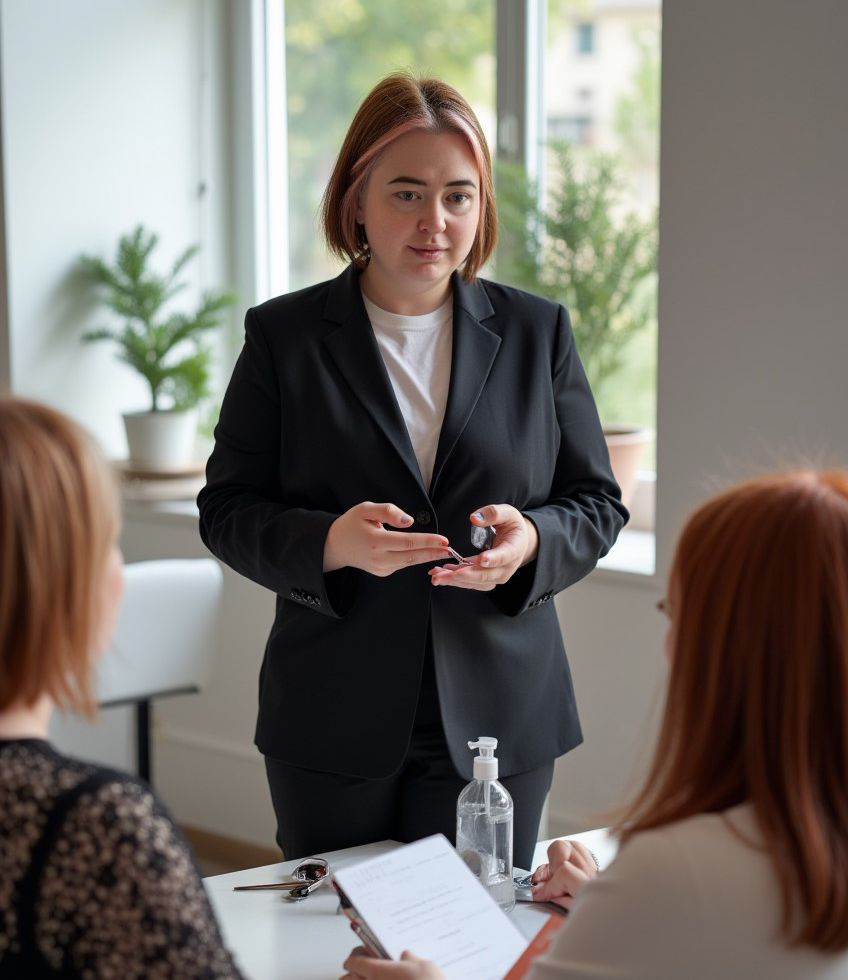 Katysol, vestida formalmente con un traje negro, impartiendo una clase o formación profesional a dos alumnas o colegas, con un dispensador de gel hidroalcohólico visible en la mesa.