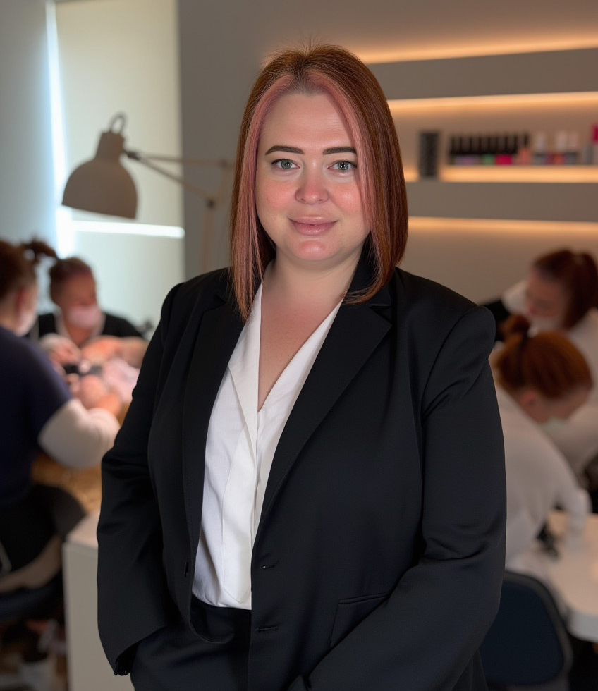 Retrato profesional de Katysol vestida con traje de chaqueta negro, en su estudio de manicura con varias alumnas trabajando en el fondo desenfocado.